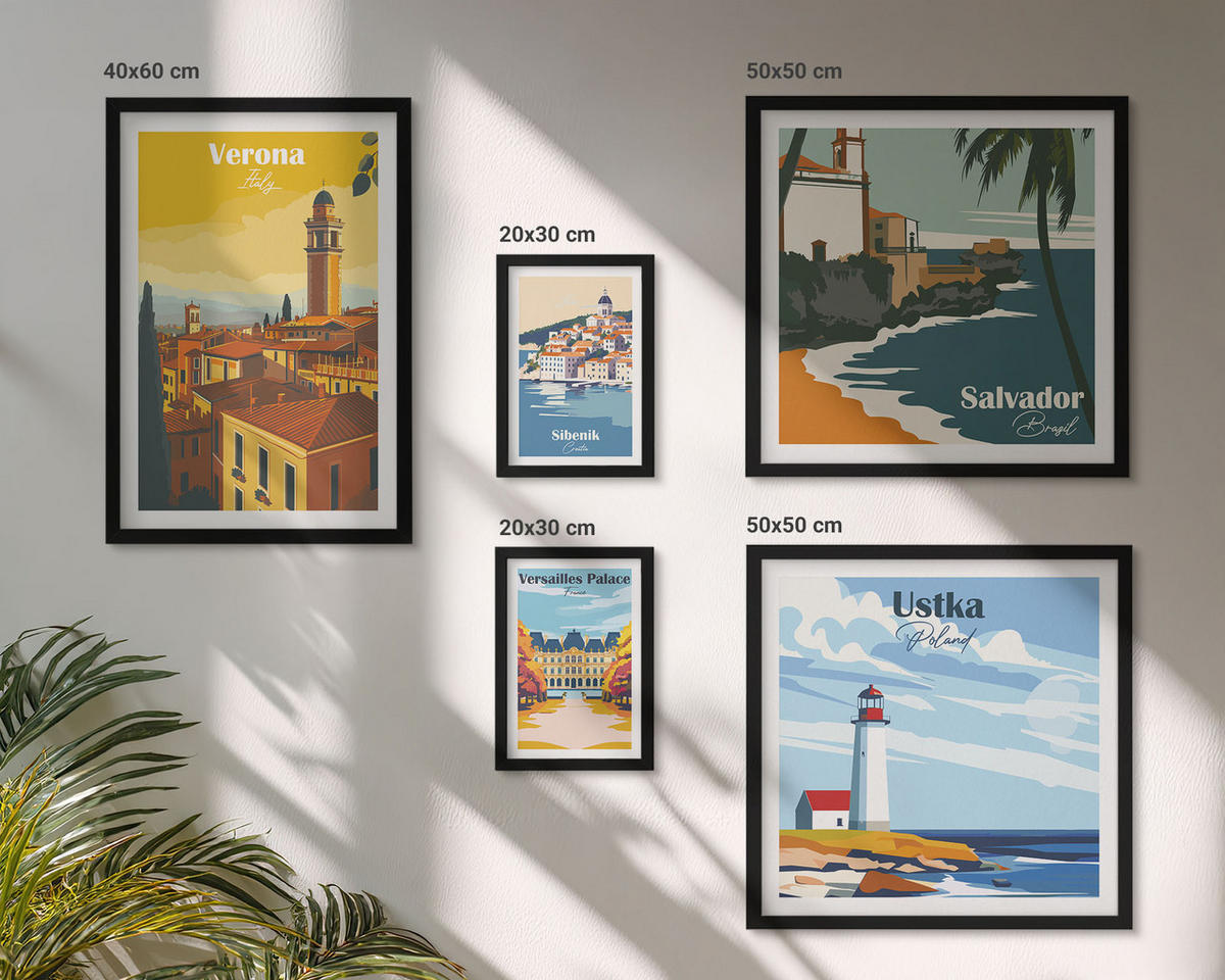 WANDBILDER 5er-Set - 50x50 cm & 20x30 cm & 40x60 cm Schwarzer Rahmen - Europäische Städte in farbigen Illustrationen - Schwarz, Kunststoff (40/60cm) - ArtPrintCave