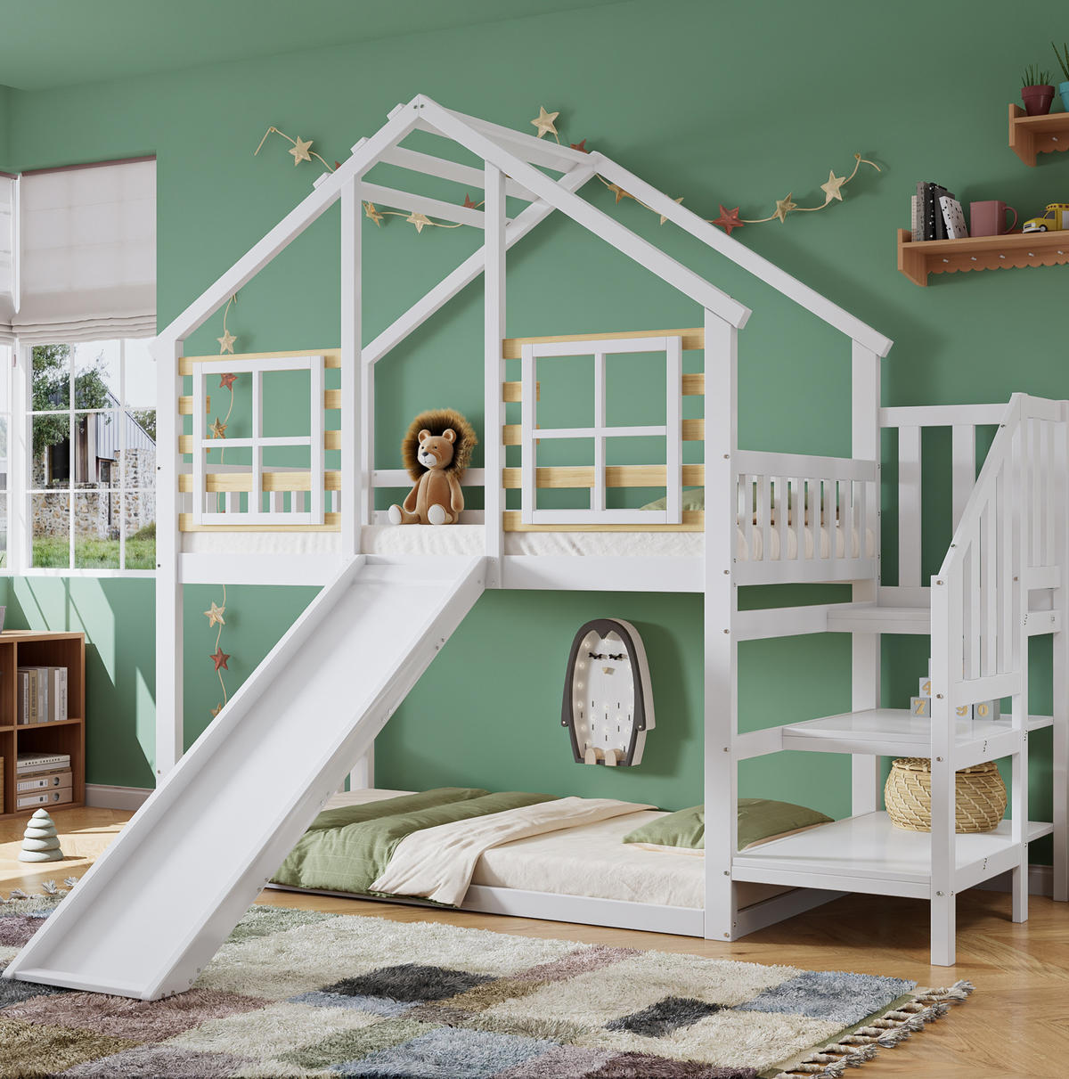 ETAGENBETT aus Massivholz und MDF 90x200 cm Weiß/Natur mit Rutsche, Treppe und Absturzsicherung - Weiß, Holzwerkstoff (90/200cm) - IVMEU