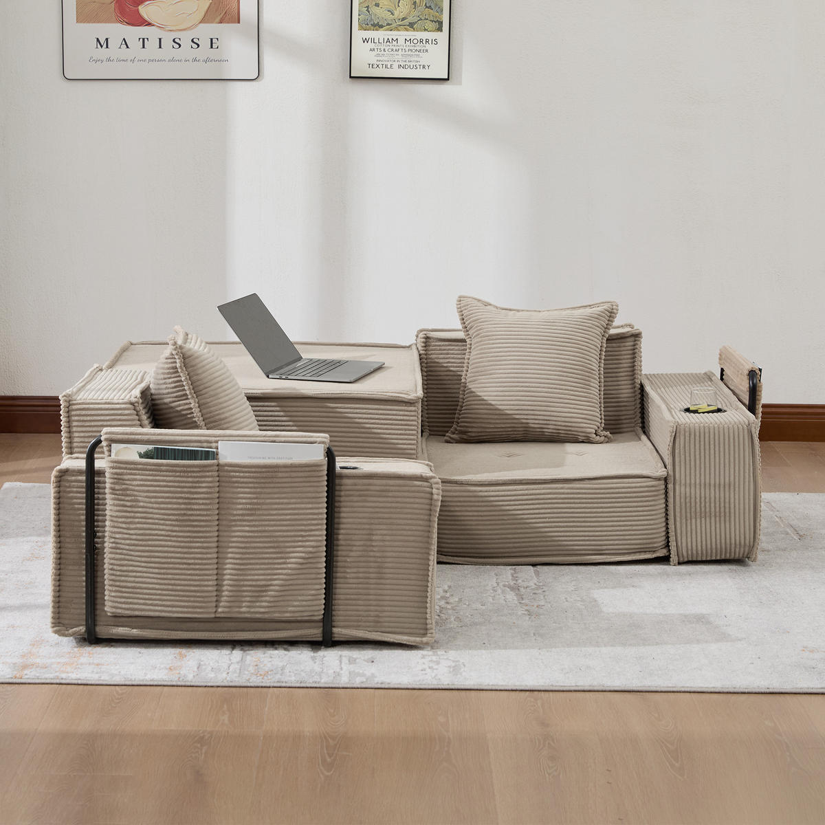 SCHLAFSOFA 162/78/66 cm Khaki Cord mit seitlichem Stauraum und Getränkehaltern - Sandfarben, Textil (162/66/78cm) - Oxeza