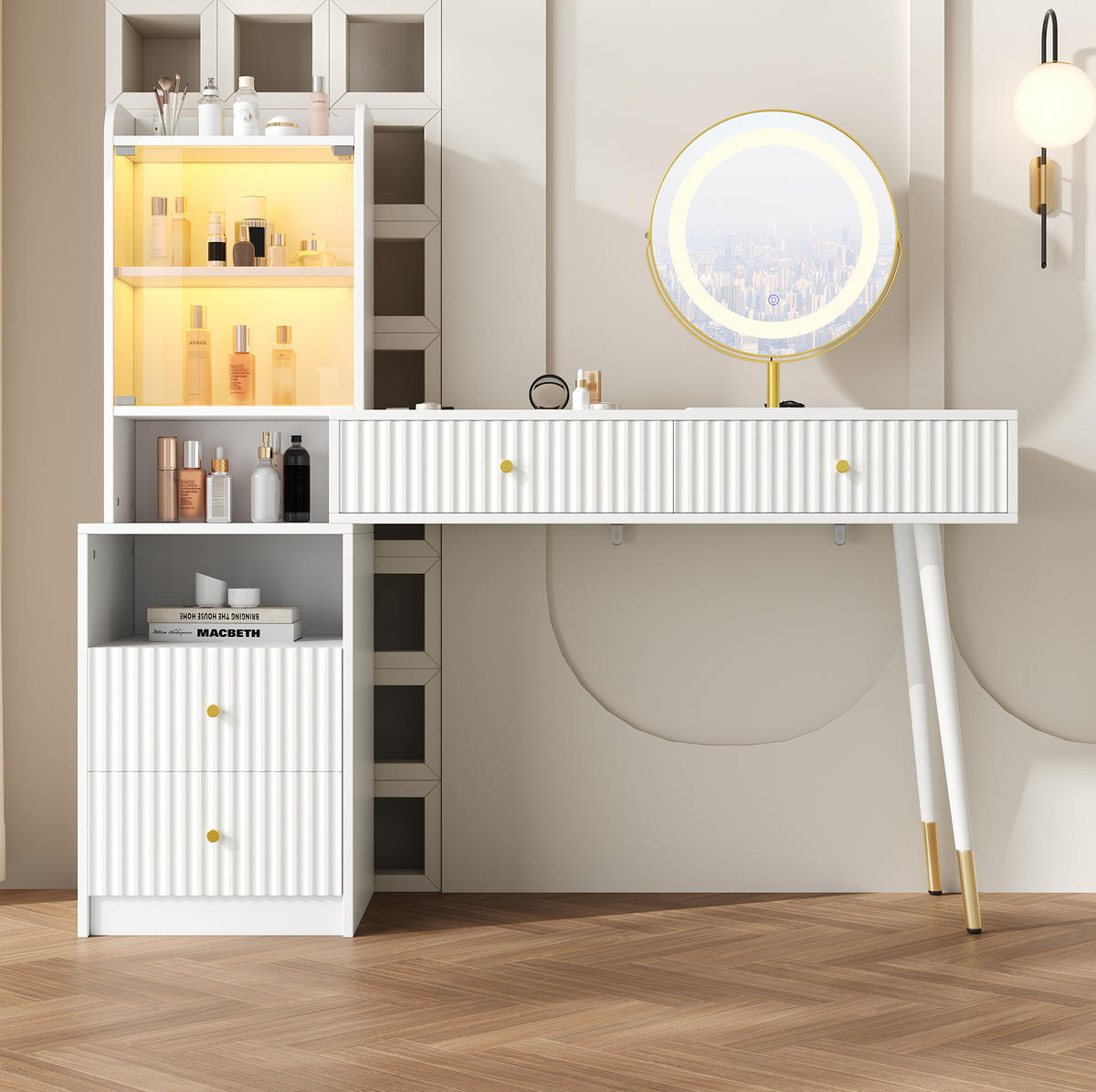 SCHMINKTISCH aus Spanplatte 100x40x125 cm Weiß mit LED-Spiegel, 4 Schubladen und beleuchteter Glasvitrine - Weiß, Holzwerkstoff (100/125/40cm) - Modfu