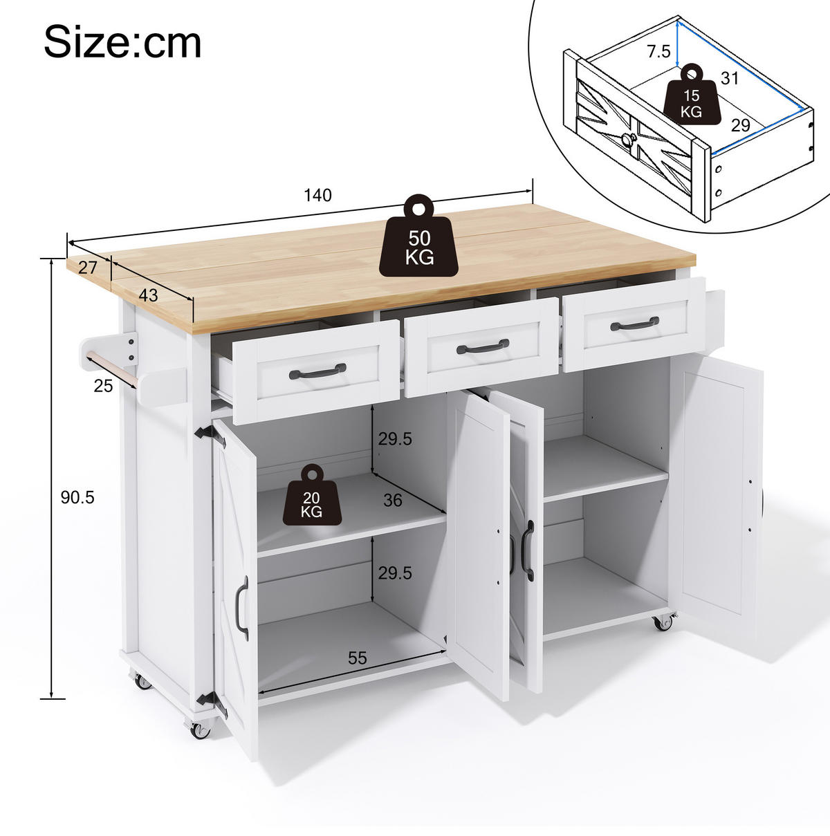 KÜCHENINSEL aus MDF 140x43(70)x90,5 cm Weiß/Natur mit klappbarer Arbeitsplatte, 5 Rollen und viel Stauraum - Weiß, Holzwerkstoff (140/90.5/70cm) - Modfu