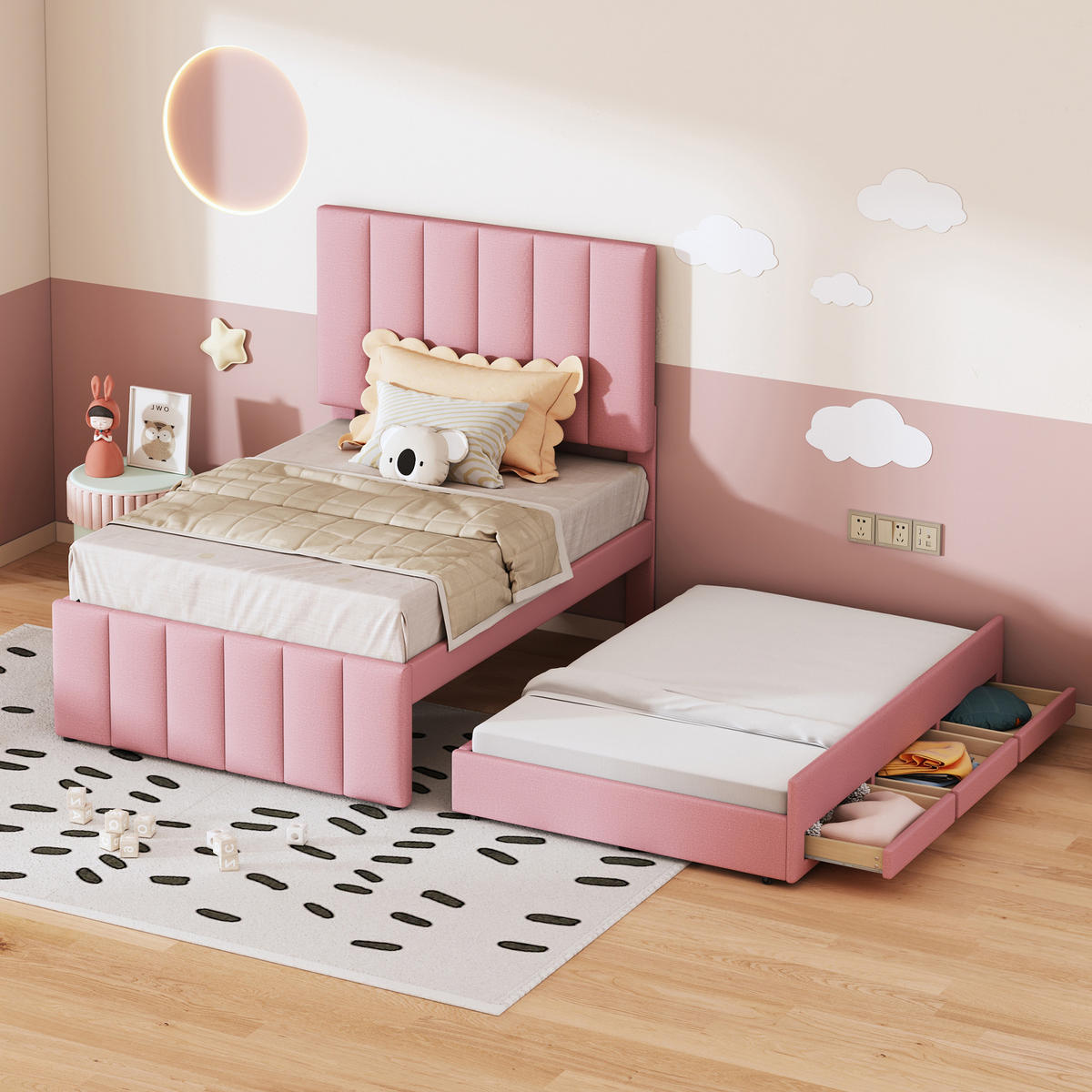 POLSTERBETT 90/200 cm Rosa mit Polsterbett und 3 Schubladen - Pink, Textil (90/200cm) - Flora Grace
