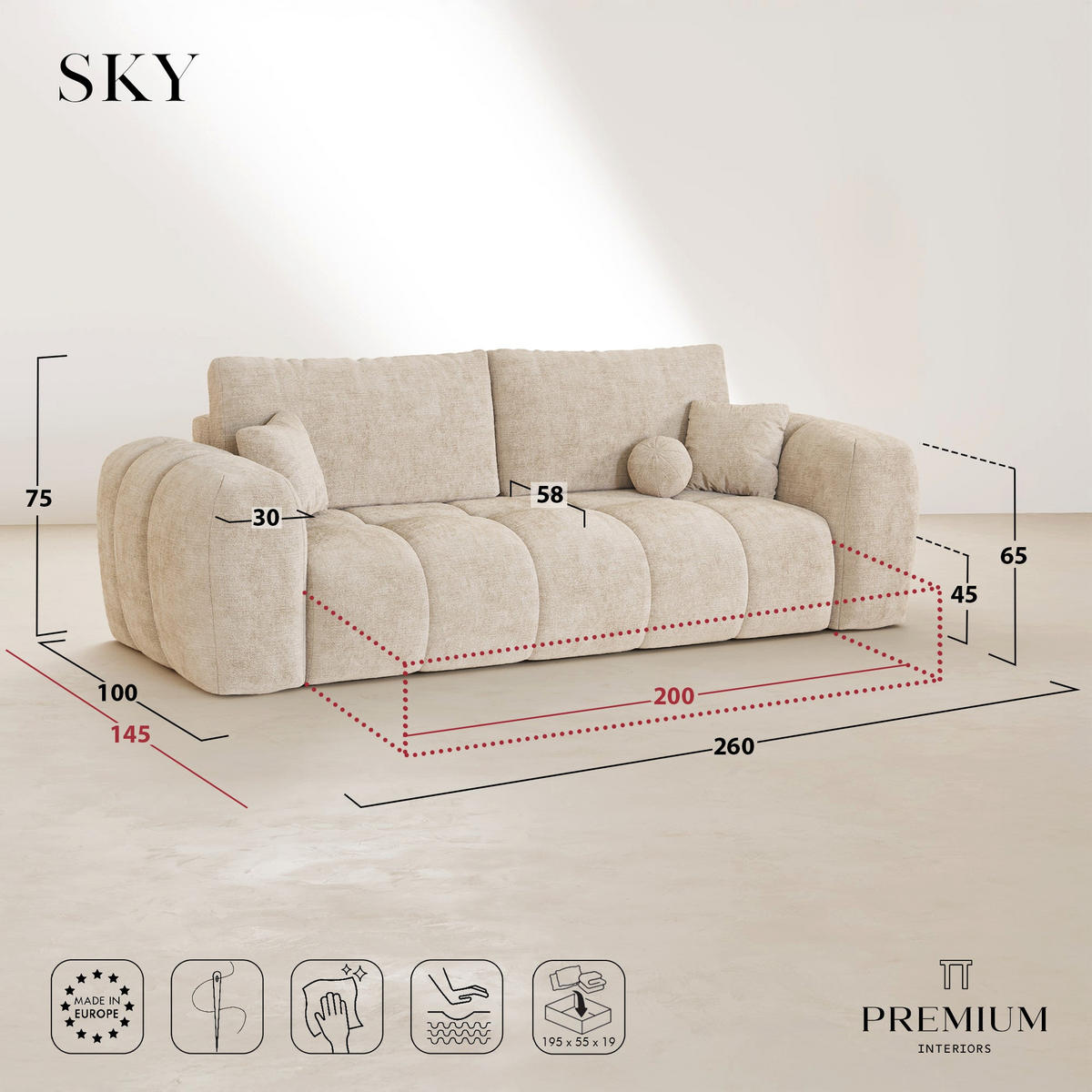 SCHLAFSOFA mit Stauraum SKY Köpergewebe Beige 260cm - Beige, Textil (260/75/100cm) - Premium Interiors