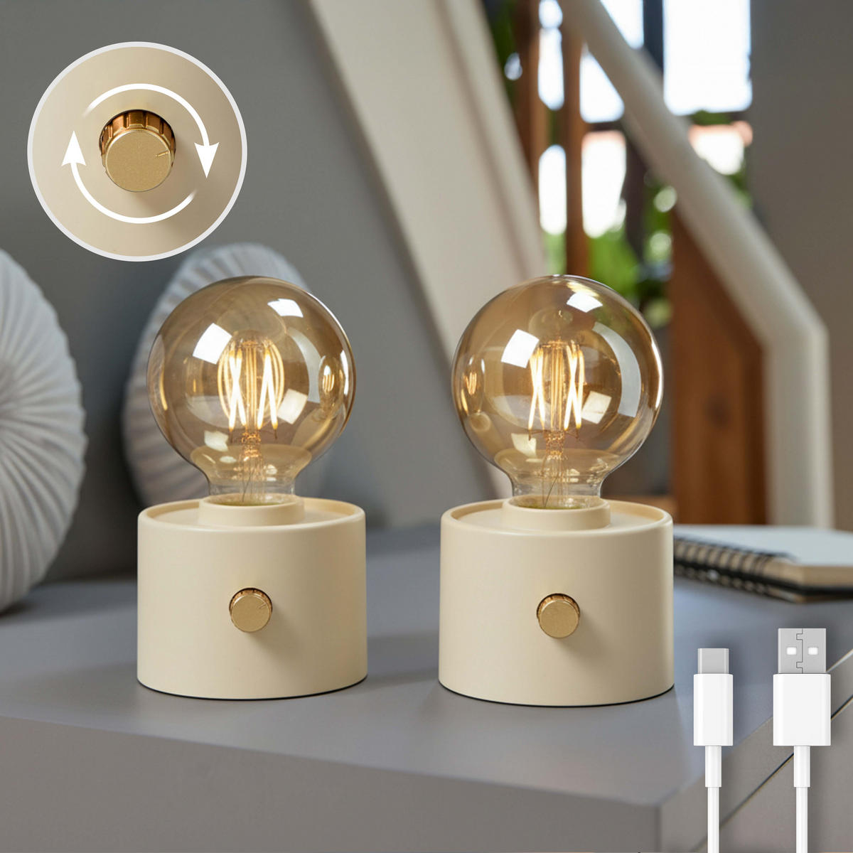 LED-TISCHLAMPE Vintage Edison dimmbar 10x9x16cm Beige 2er-Set - Beige, Kunststoff (10/8.7/16cm) - Northpoint