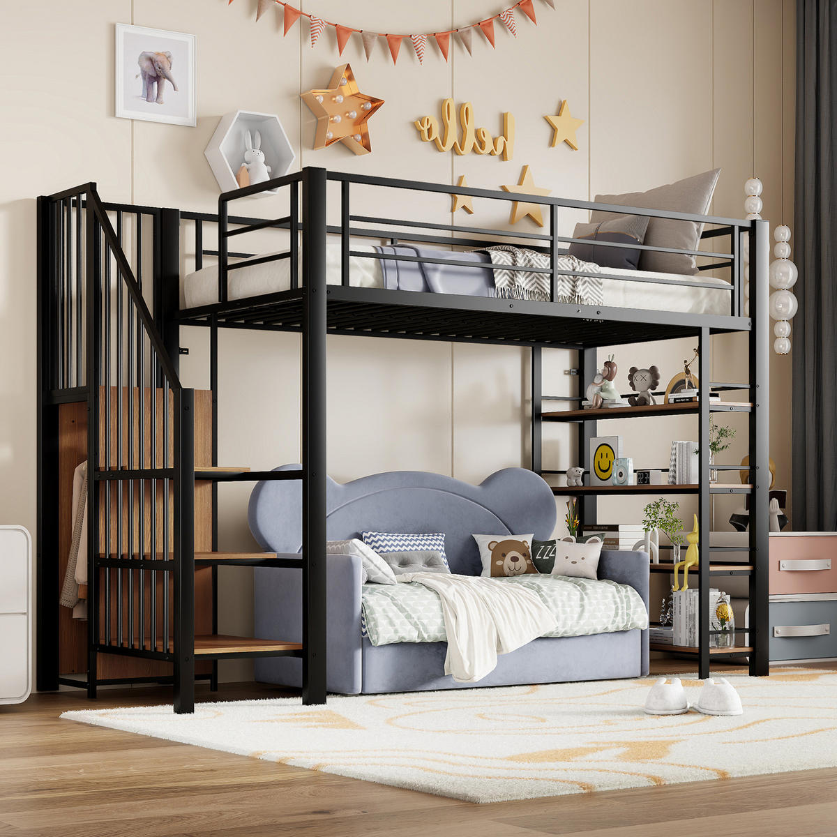 HOCHBETT aus Metall und MDF 90x200 cm Schwarz mit Treppe, Stauraum, Kleiderschrank und hohem Schutzgitter - Schwarz, Metall (140/200cm) - Modfu