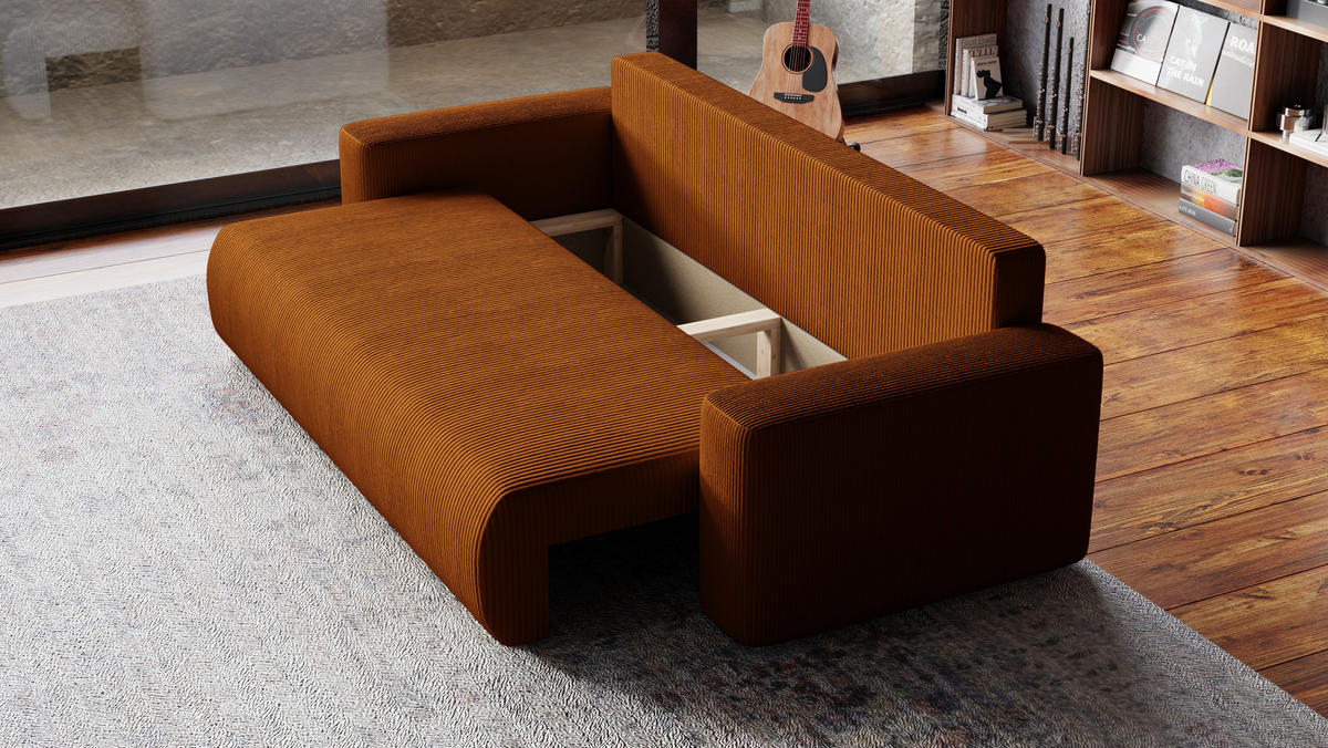 SOFA Bubi mit Bettkasten und Schlaffunktion, Cordstoff - Rostfarben, Holzwerkstoff (242/85/95cm)