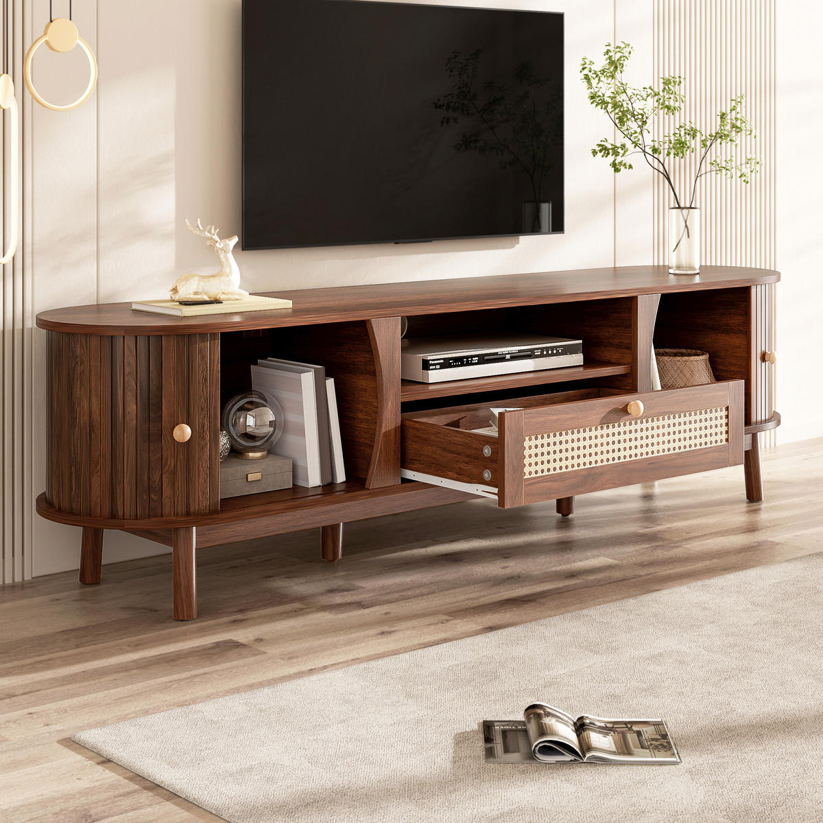 TV-SCHRANK Rattan Landhaus Türen Schubladen Massivholz - Walnussfarben, Holzwerkstoff (37/46/165cm) - FLIEKS