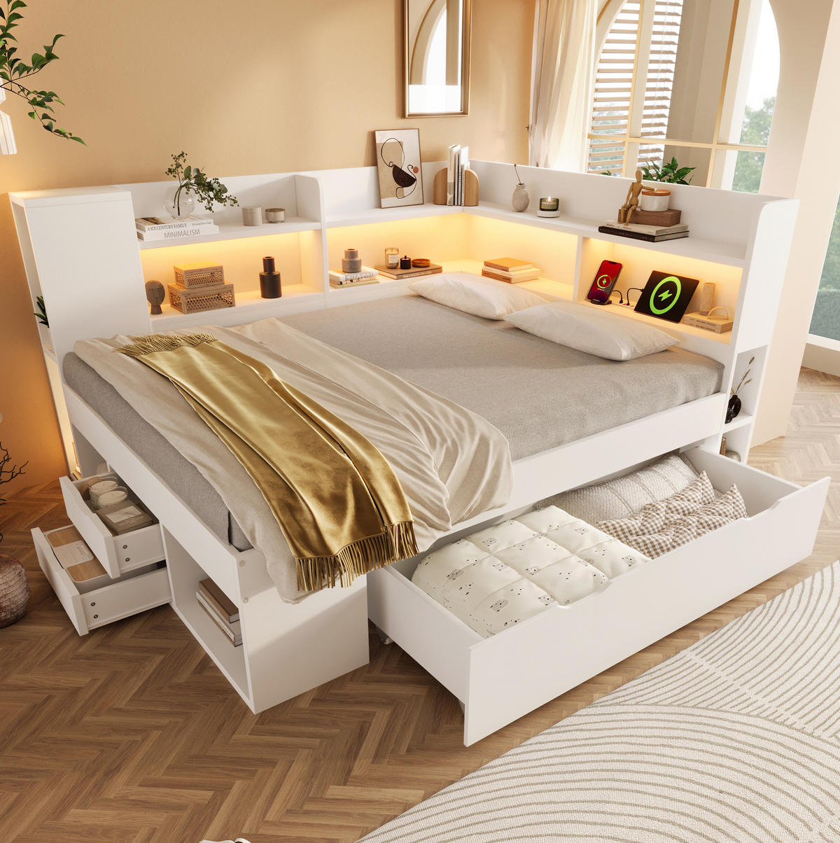 FUNKTIONSBETT 140/200 cm Weiß mit LED, USB-C und Stauraum - Weiß, Textil (140/200cm) - BEAOK