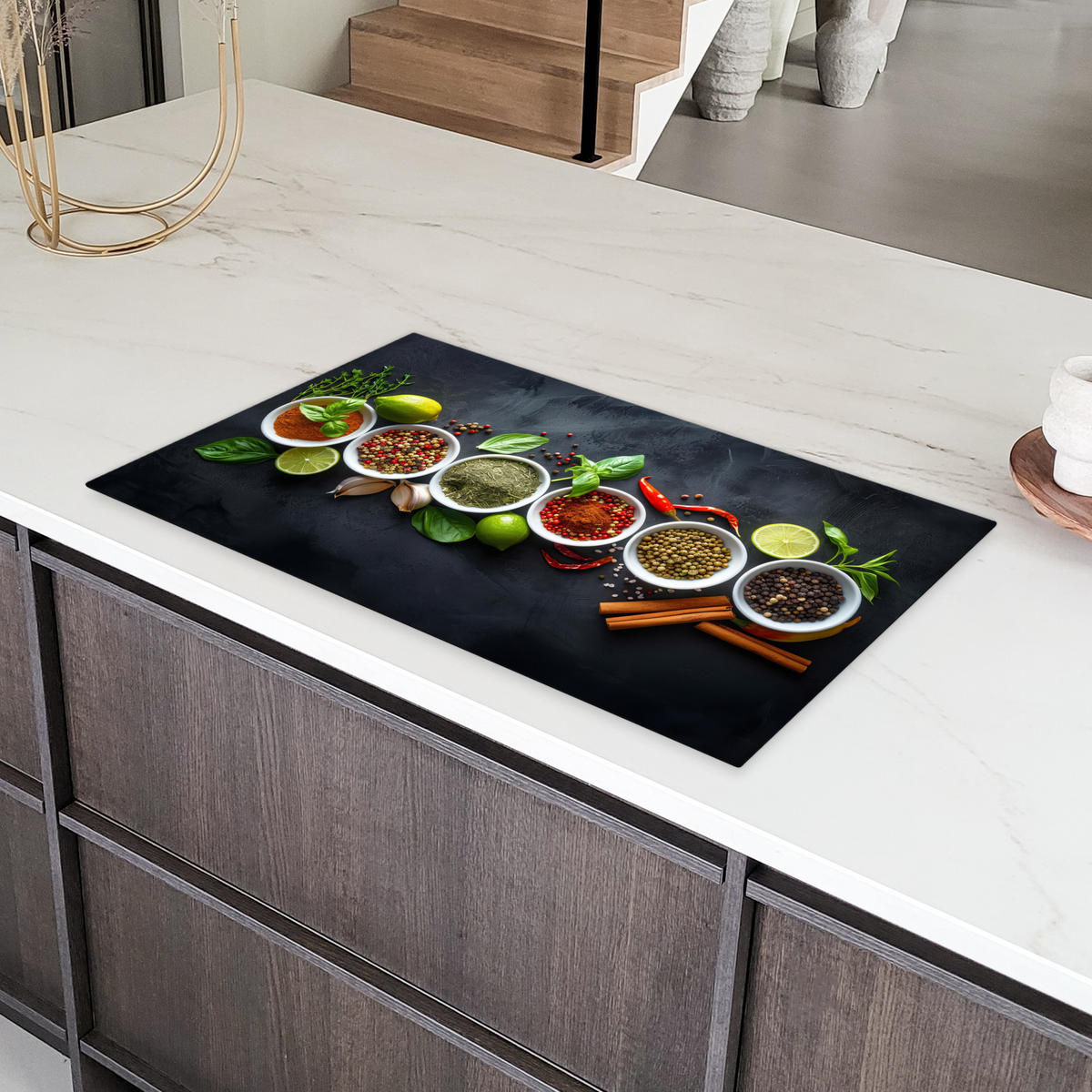 HERDABDECKPLATTE Kräuter - Gewürze - Konkrete Optik - Stilleben Ceranfeldabdeckung 90x52 cm - Multicolor, Kunststoff (90/52/0.2cm) - MuchoWow