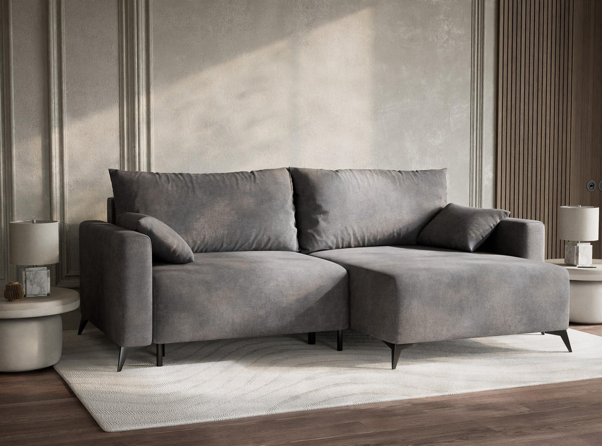 ECKSOFA MIT SCHLAFFUNKTION Leon Grau Webstoff - Schwarz/Grau, Holz/Holzwerkstoff (239/148cm) - Maison de Reve