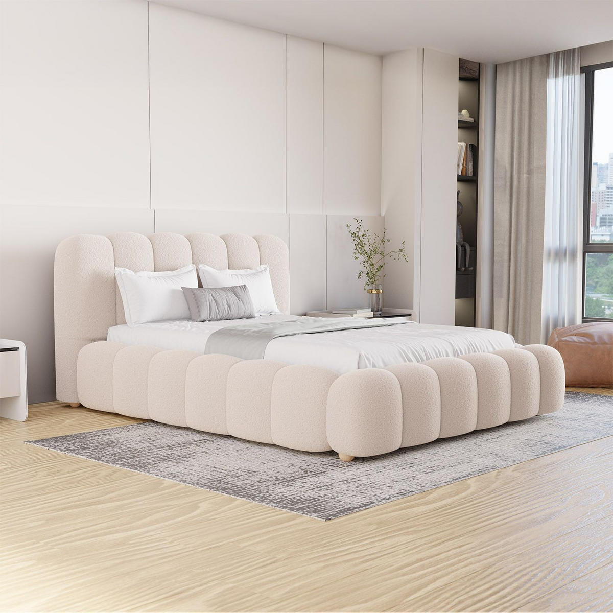 POLSTERBETT Catania 140/200 cm Creme Bouclé inkl Matratze - Creme, Textil (140/200cm) - Juskys