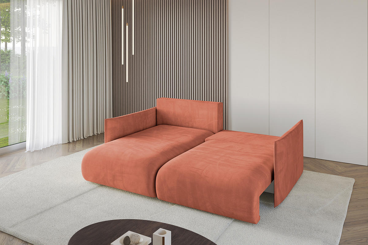 ECKSOFA mit Schlaffunktion und Bettkasten ONESK-L 208x165x40 Apricot Velours - Koralle, Holzwerkstoff/Kunststoff (208/165cm) - ALTDECOR