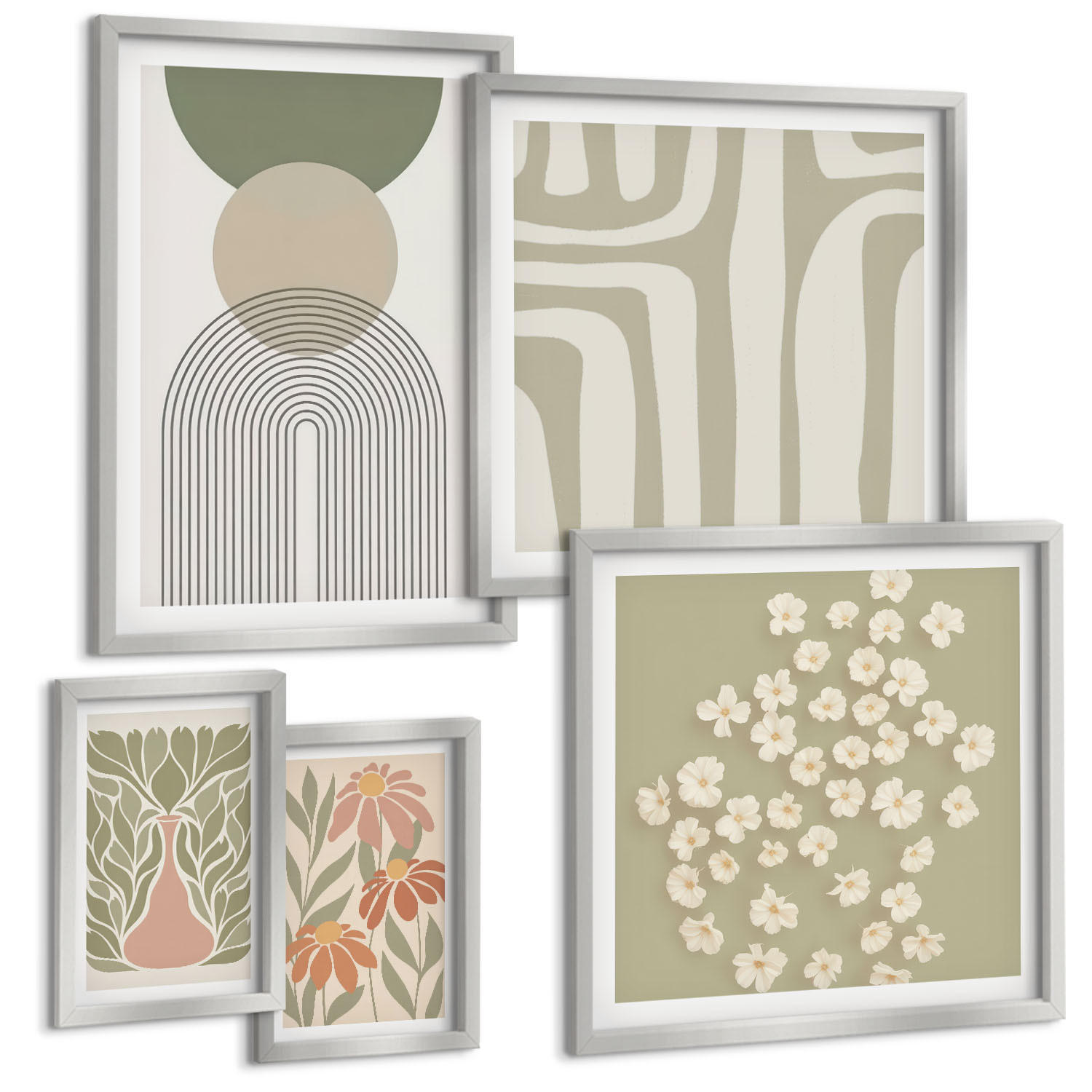 BILDER SET 5er Set - 50x50 cm & 20x30 cm & 40x60 cm Silberner Rahmen - Floraler minimalistischer Boho-Stil - Silberfarben, Kunststoff (40/60cm) - TULUP