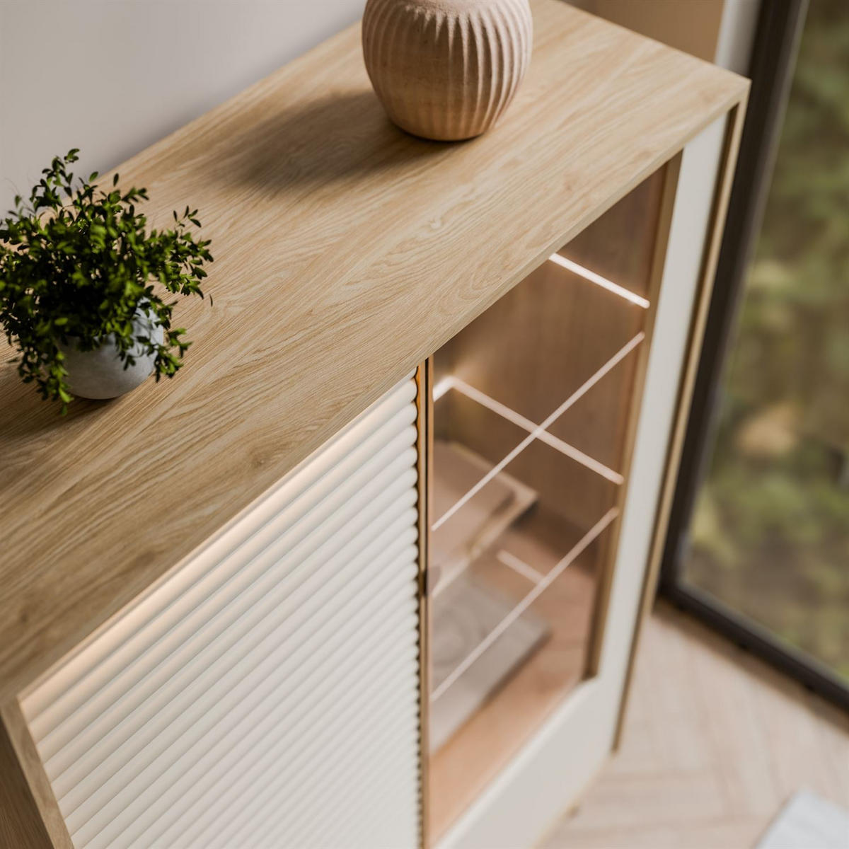 VITRINE FLORENCE 2D1W mit LED-Beleuchtung - Kaschmir, Holzwerkstoff (100/152/40cm) - Lookway