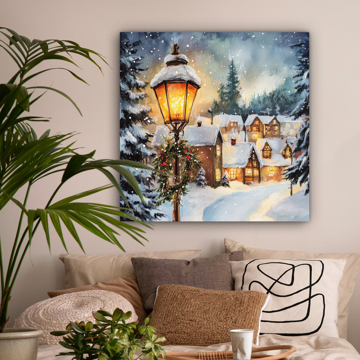 LEINWANDBILD Weihnachtsdorf - Häuser - Schnee - Weihnachten 90x90 cm - Sandfarben, Textil (90/90cm) - MuchoWow