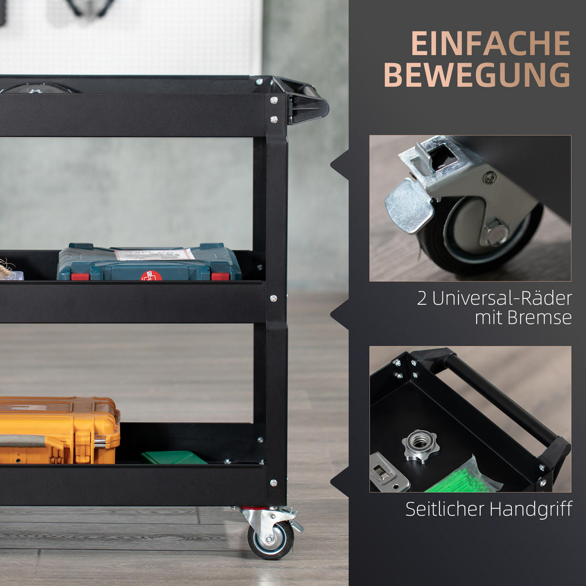 WERKZEUGWAGEN DE-09495 3-stufig mit 4 Rollen Schwarz - Schwarz, Metall (35.3/76/83cm) - ComfortXL