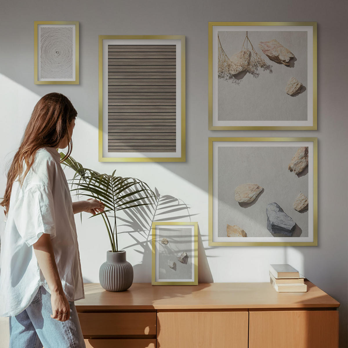 WANDBILDER 5er Set - 50x50 cm & 20x30 cm & 40x60 cm Goldrahmen - Natürliche Texturen Holz Steine - Goldfarben, Kunststoff (40/60cm) - ArtPrintCave