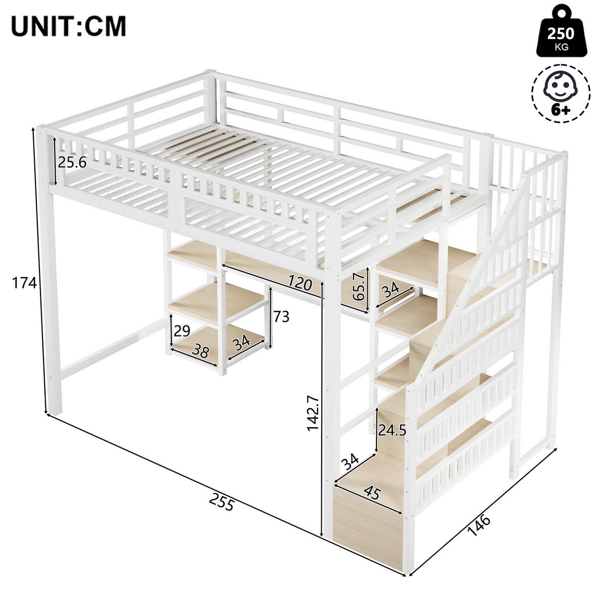 HOCHBETT 140/200 cm in Weiß – mit Schreibtisch, Stauraumleiter und LED - Weiß, Metall (140/200cm) - BEAOK