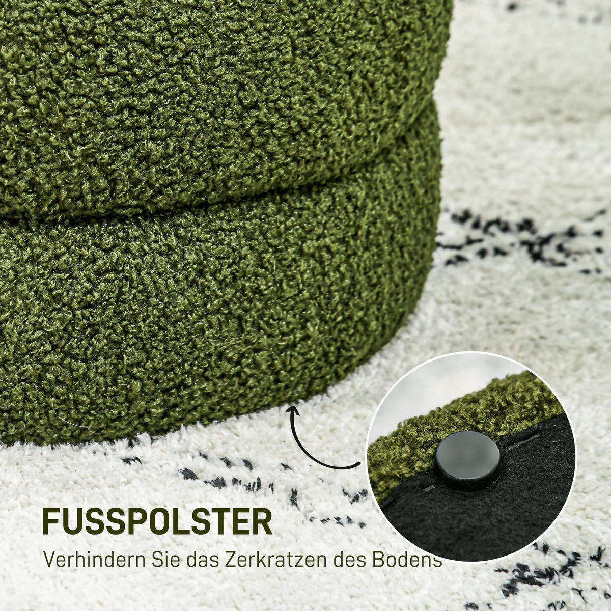 SITZHOCKER, Fußhocker, Runder Polsterhocker, Fußstütze mit Sitzkissen - Naturfarben/Grün, Holz/Textil (40/45/40cm) - HOMCOM