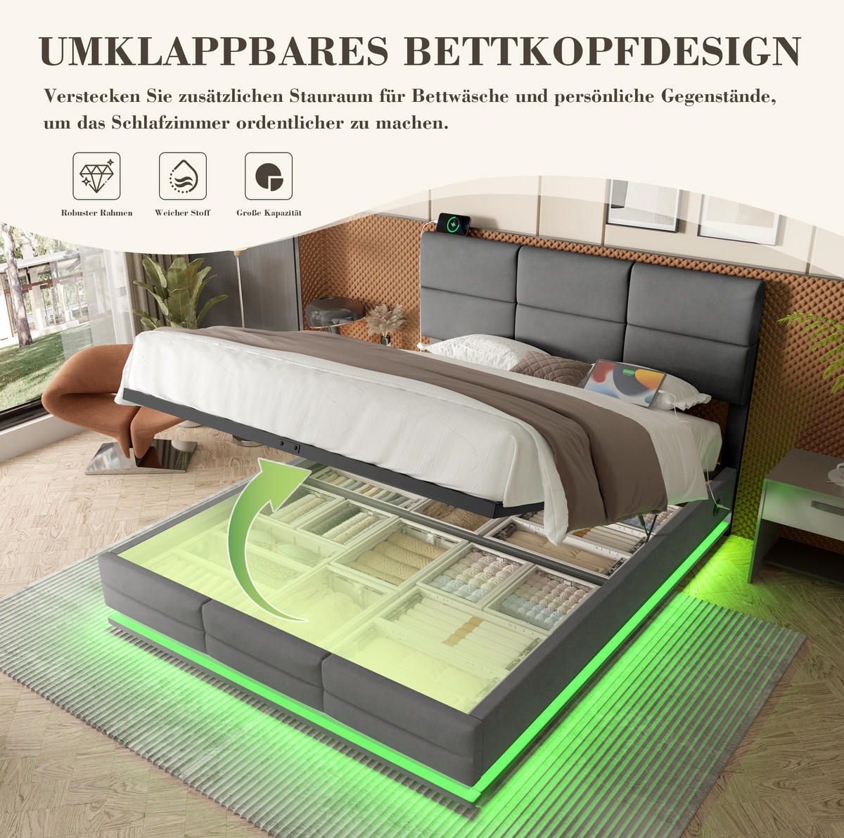 POLSTERBETT 160/200 cm mit LED-Beleuchtung, USB-Anschlüssen, hydraulischem Stauraum und verstellbarem Kopfteil, Dunkelgrau - Dunkelgrau, Textil (160/200cm) - Redom