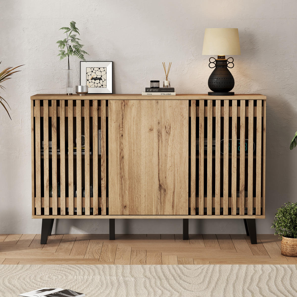 SIDEBOARD 3 Türen 6 Fächer 150x40x95cm Stauraum Mehrzweck - Naturfarben, Holzwerkstoff (40/95/150cm) - FLIEKS