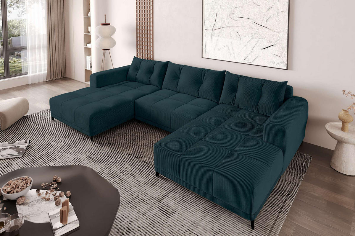WOHNLANDSCHAFT Massimo Cordstoff Blau inkl. Schlaffunktion - Blau/Schwarz, Textil/Metall (356/94/181cm) - 99rooms