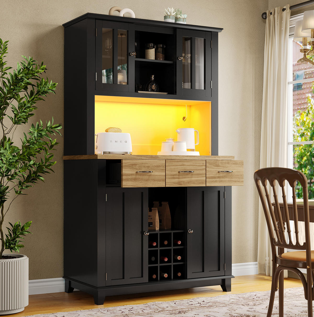 BUFFET 106/40/179,5 cm aus MDF mit LED-Beleuchtung Schwarz - Schwarz, Holzwerkstoff (106/179.5/40cm) - Modenvie