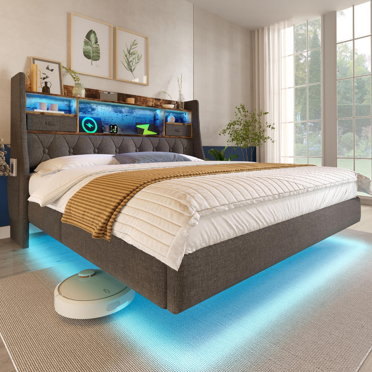 POLSTERBETT 160/200 cm Grau aus Leinen mit LED und Ladestation - Grau, Textil (160/200cm) - OKMYHOME