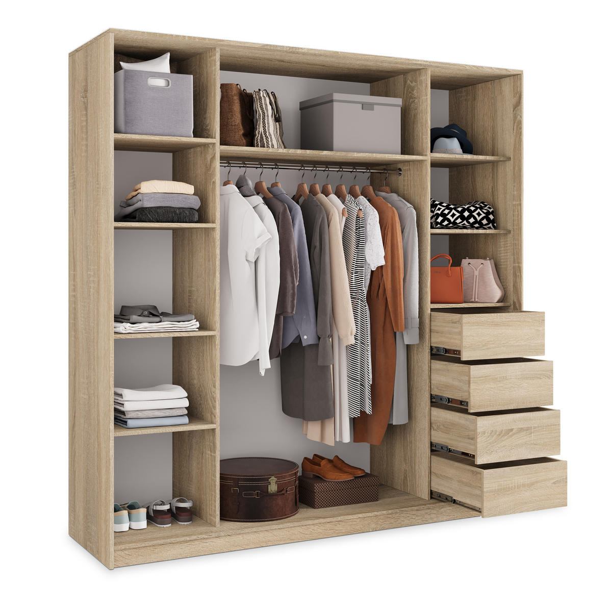 SCHWEBETÜRENSCHRANK TARI 180/205/58 cm 3-türig mit Spiegel und Schubladen Sonoma Eiche - Schwarz/Sonoma Eiche, Holzwerkstoff (180/205/58cm) - MASSENO
