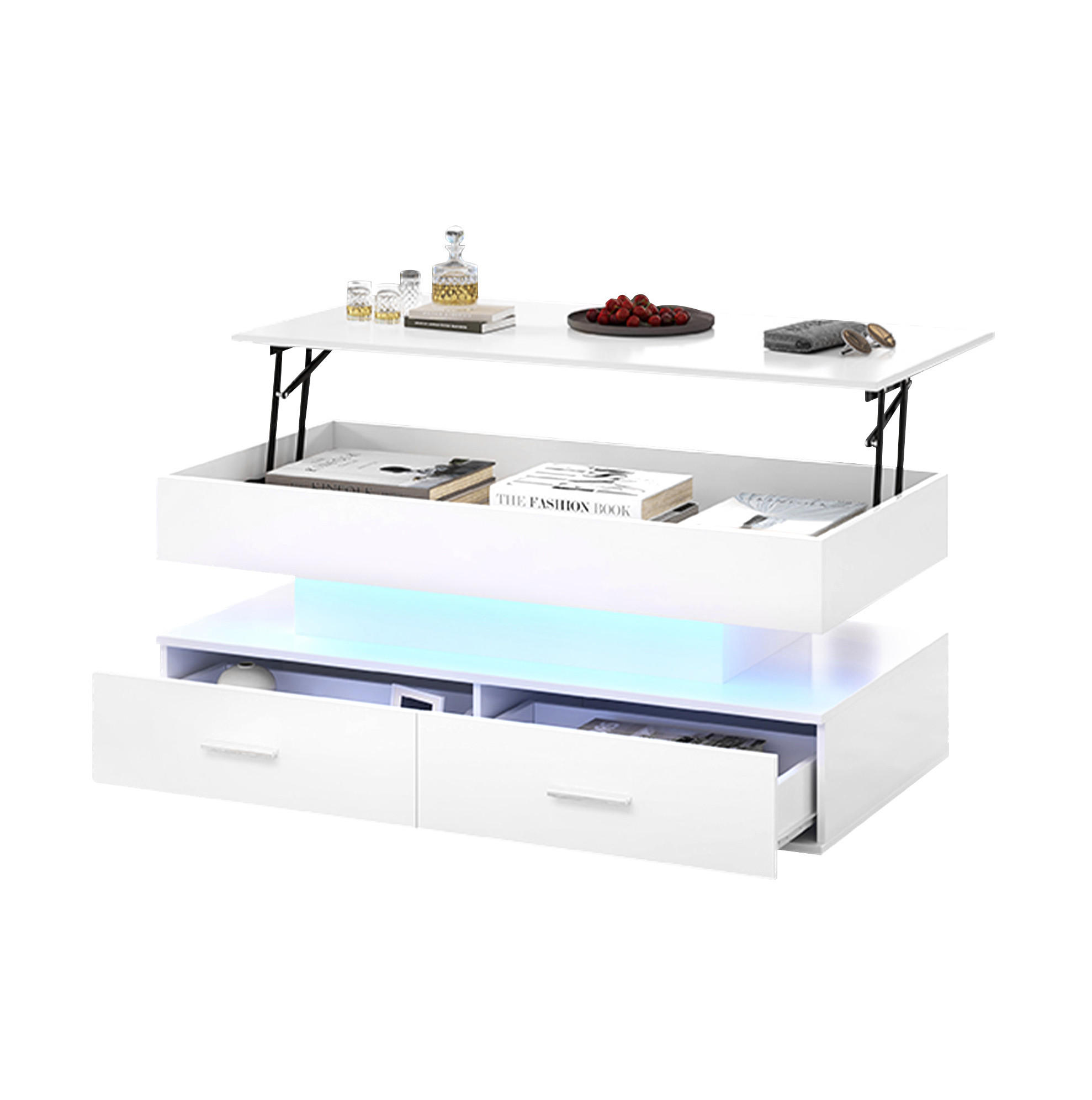 Modfu KONFERENČNÍ stolek z dřevotřísky 100x50x44 cm bílý s LED osvětlením, hydraulicky výškově nastavitelný