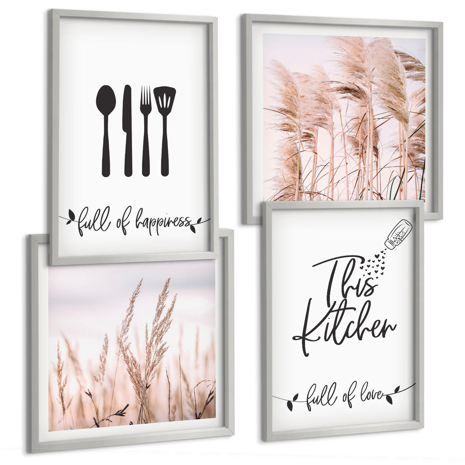BILDER SET 4er Set - 50x50 cm & 40x60 cm Silberner Rahmen - Boho-Küchengras-Schriftzug - Silberfarben, Kunststoff (50/50cm) - TULUP