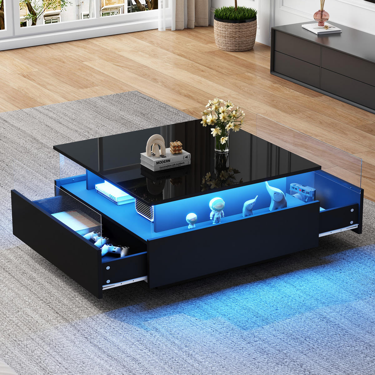 COUCHTISCH 70/70/41 cm Schwarz mit 2 Schubladen und LED-Beleuchtung - Schwarz, Holzwerkstoff (70/70/41cm) - OKWISH