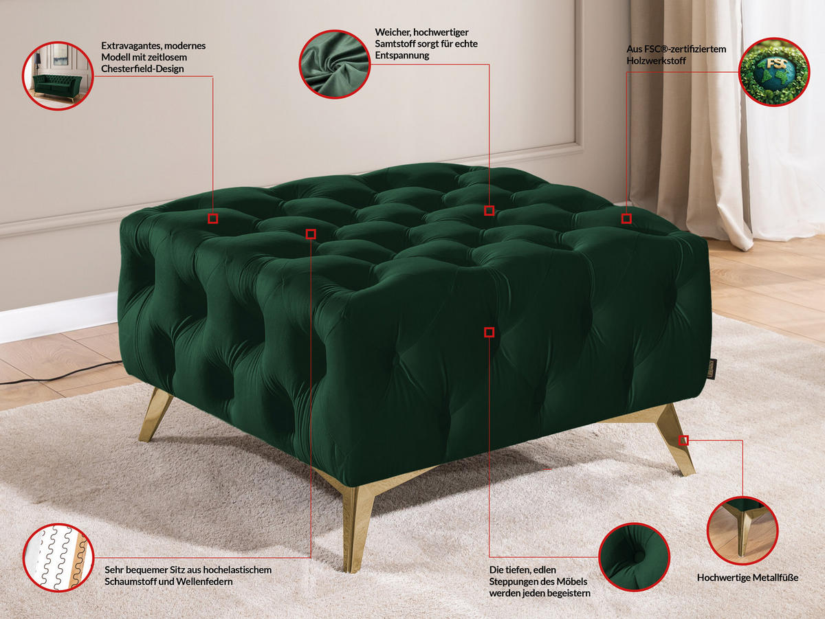 HOCKER Chesterfield Whitby Flaschengrün Samt mit goldenen Füßen - Dunkelgrün/Goldfarben, Holz/Textil (80/45/80cm) - S-Style Möbel