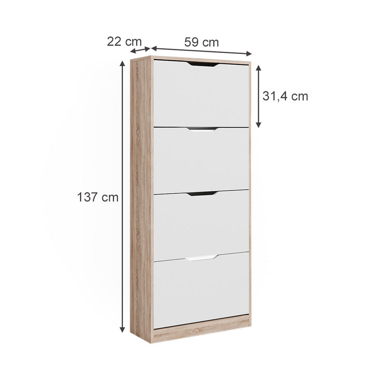SCHUHKIPPER Luca Sonoma/Weiß 59 x 137 cm mit 4 Klappschubladen - Weiß/Sonoma Eiche, Holzwerkstoff (59/137/22cm) - Vicco