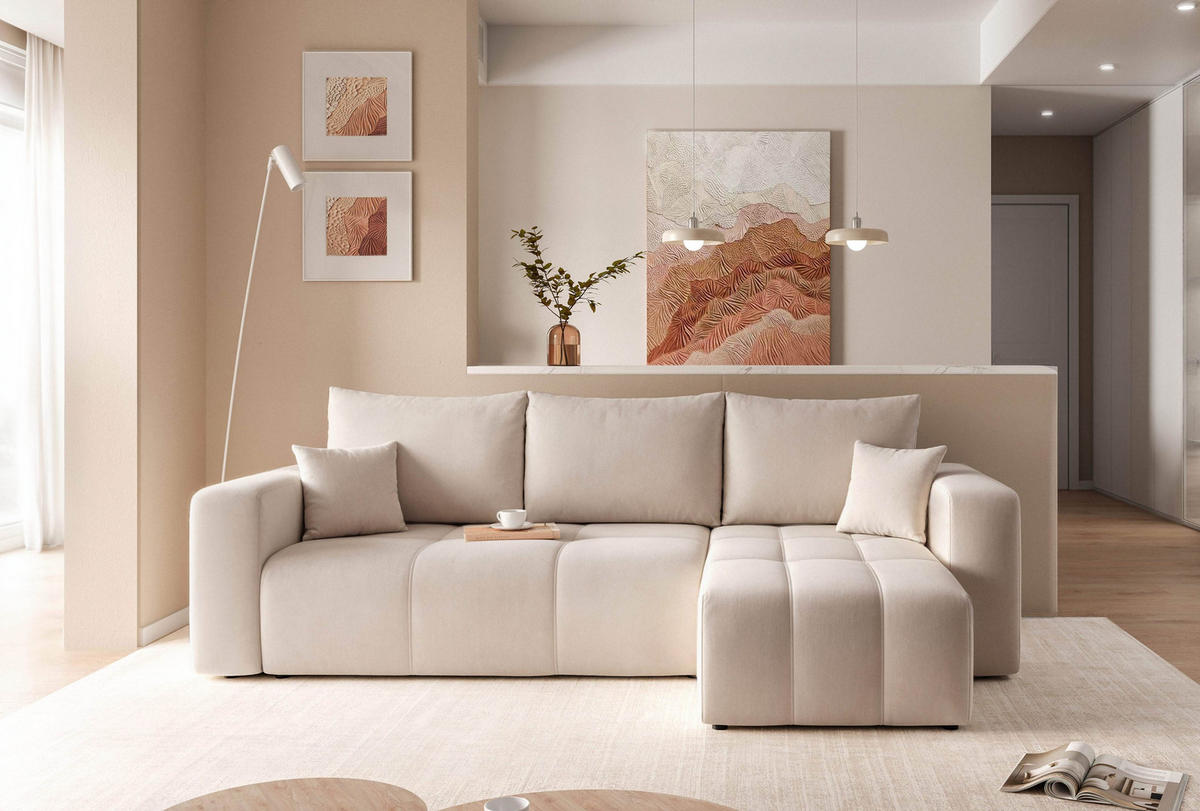 ECKSOFA Beige Velours mit Bettkasten und Schlaffunktion - Beige, Textil (248/145cm) - Idohome