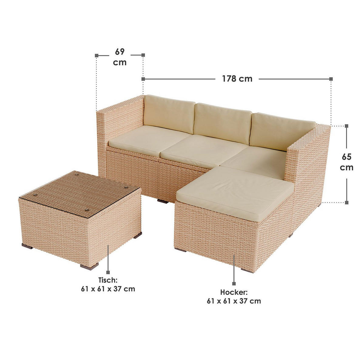 LOUNGEGARNITUR Punta Cana inkl. Abdeckung 3-tlg. - Creme, Kunststoff/Metall - Juskys