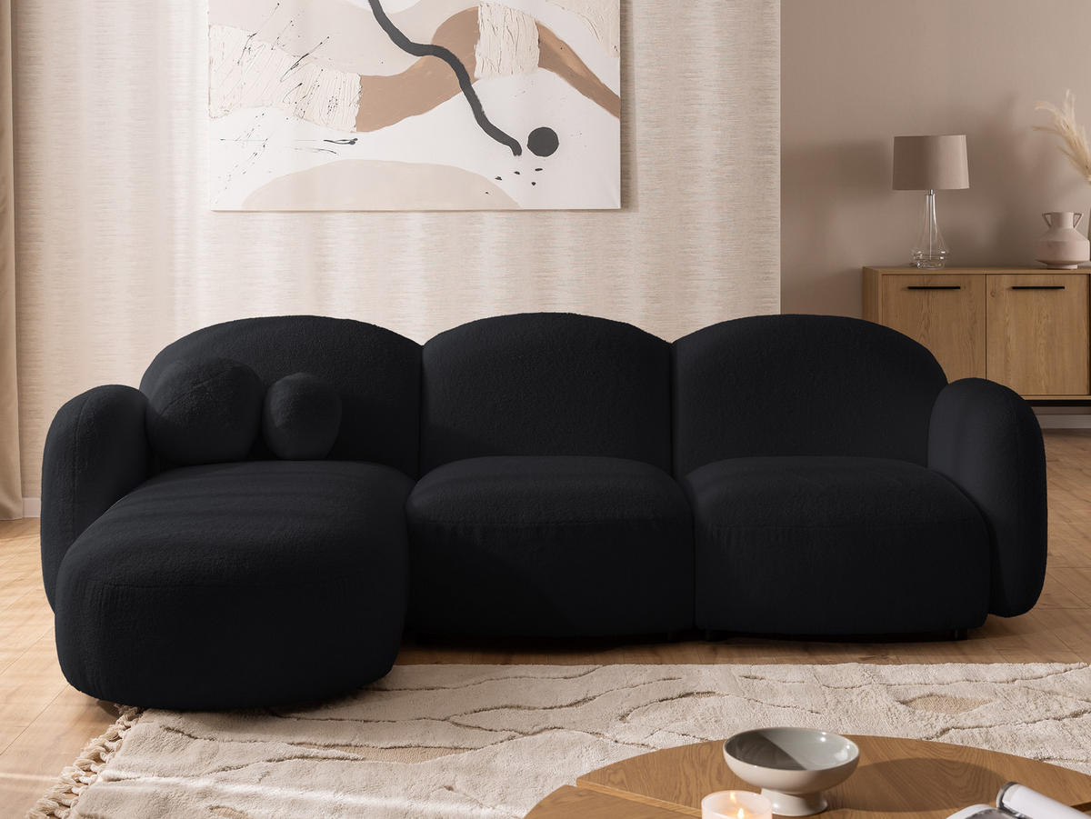 ECKSOFA Nuvola mit abgerundetem Design Schwarz Bouclé-Stoff - Ottomane Links - Schwarz, Holz/Kunststoff (268/146cm) - S-Style Möbel