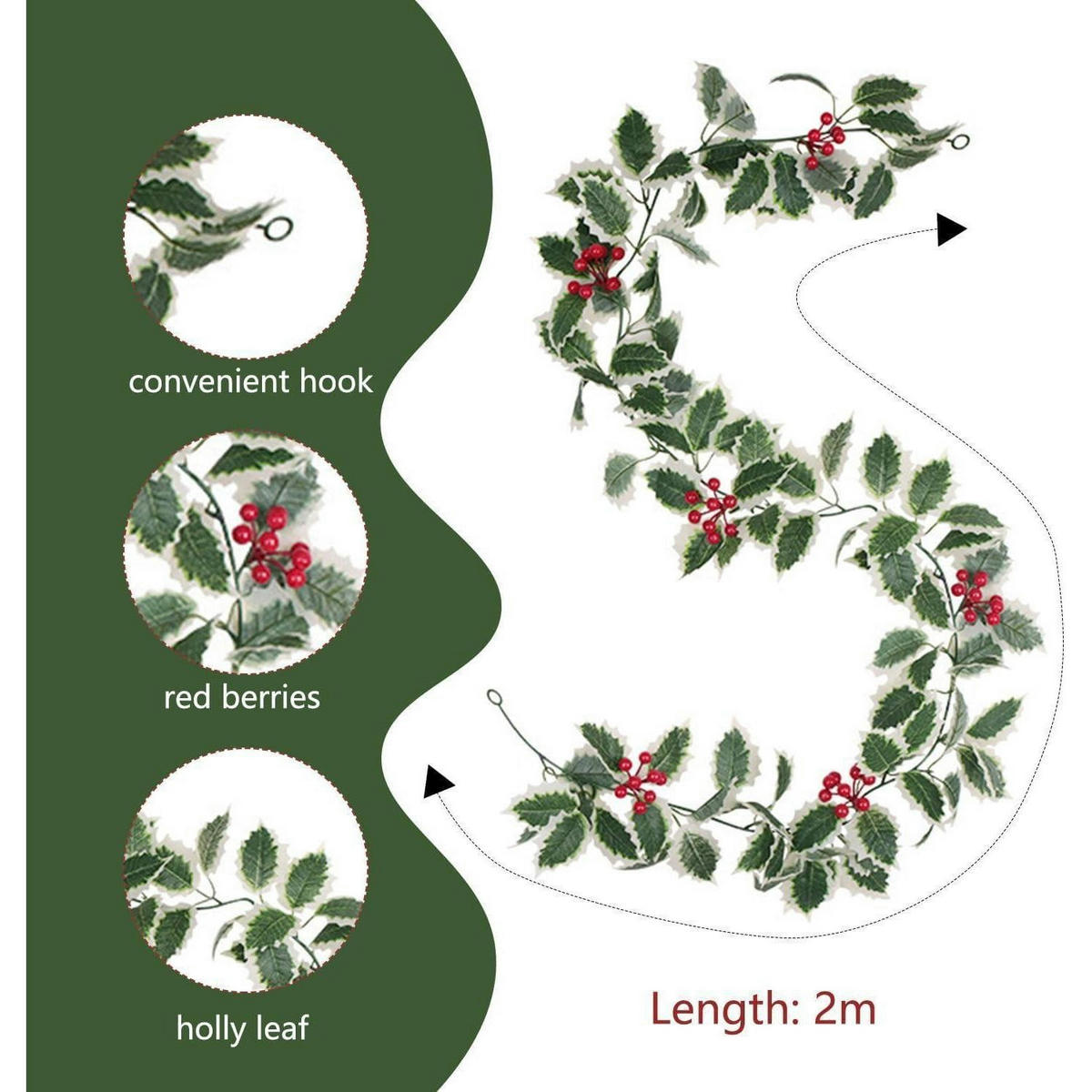 WEIHNACHTS-GIRLANDE 2-teiliges Set 2 Meter mit roten Beeren und Stechpalmenblättern - Multicolor, Kunststoff (200cm)