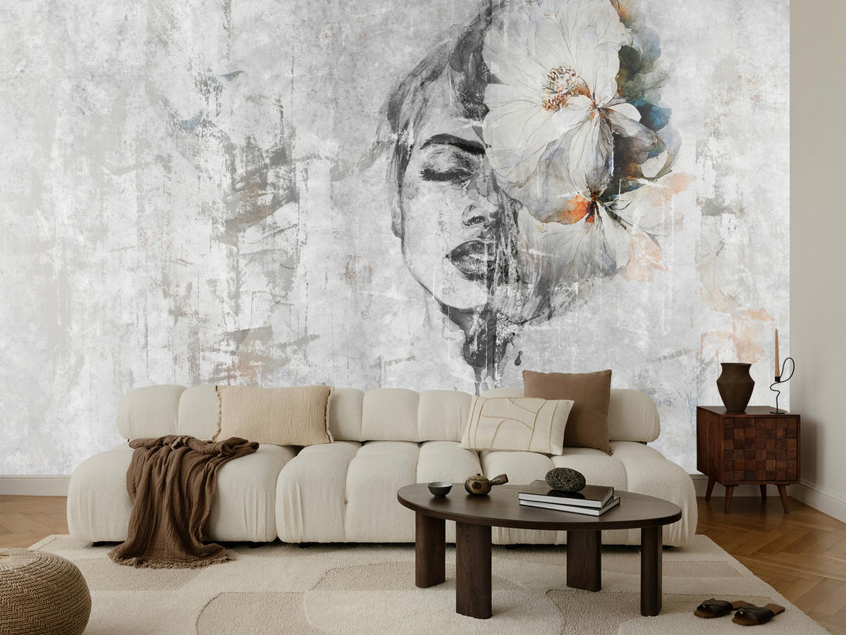 FOTOTAPETE für Schlafzimmer Frau Porträt Blume Beton Abstraktion 200x140 - Blau/Orange, Papier (200/140cm) - Muralo