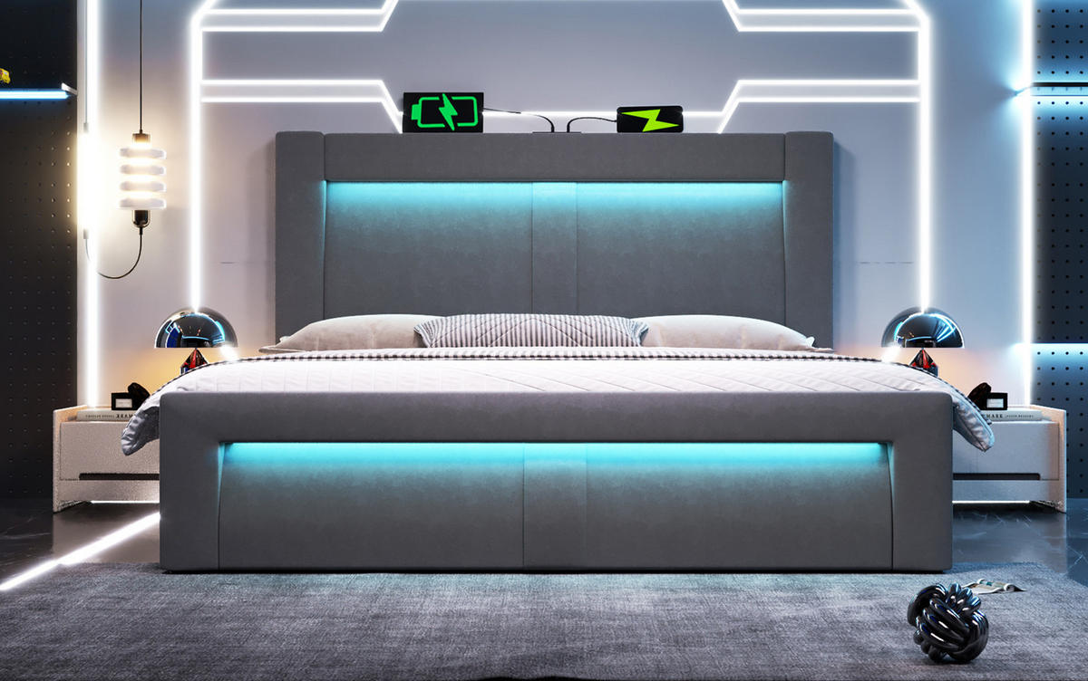 POLSTERBETT 140/200 cm grau aus Samt mit Stauraum, LED und Ladefunktion - Grau, Textil (140/200cm) - OKWISH
