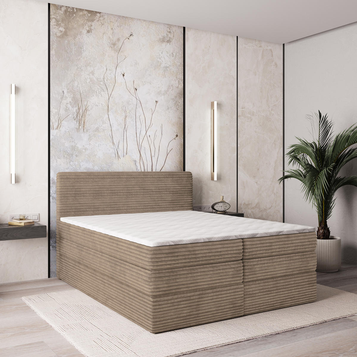 BOXSPRINGBETT LUNERA 160x200 cm mit Matratze und Topper - Beige - Beige, Holz (160/200cm) - MASSENO