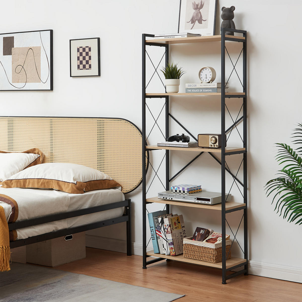 STOJANOVÁ POLICE Skørping - černá/barva dubu, kov/kompozitní dřevo (65/160/30cm) - [en.casa]