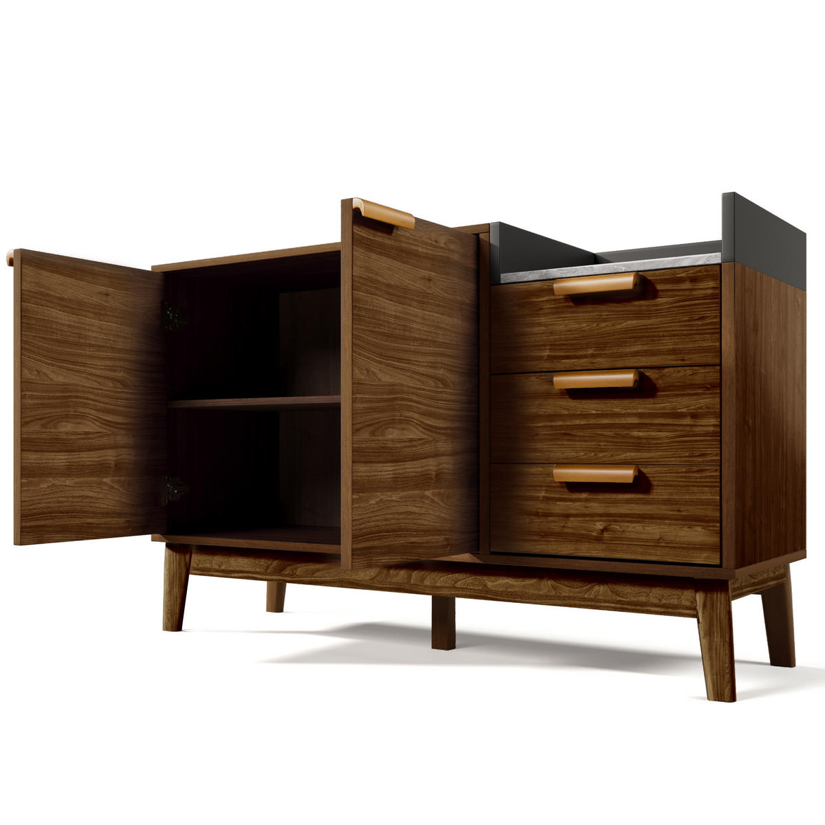 SIDEBOARD Holzoptik Braun, mit 2 Türen, 3 Schubladen und offenem Ablagefach, 120/40/77 cm - Nussbaumfarben, Holzwerkstoff (120/77/40cm) - WISHDOR
