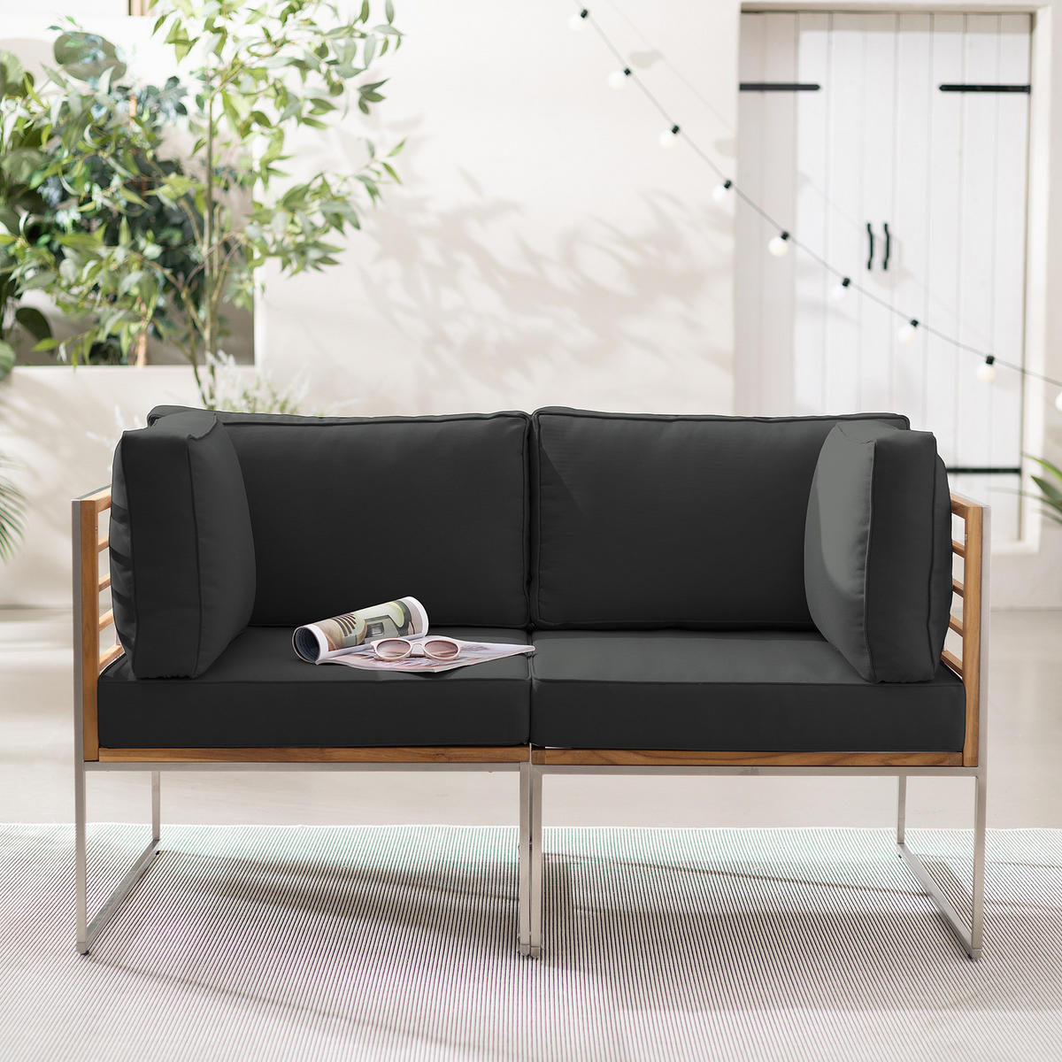LOUNGESOFA - 2-teilig - Webstoff / Teak massiv - Anthrazit, Holz/Textil (140/74/70cm) - home24