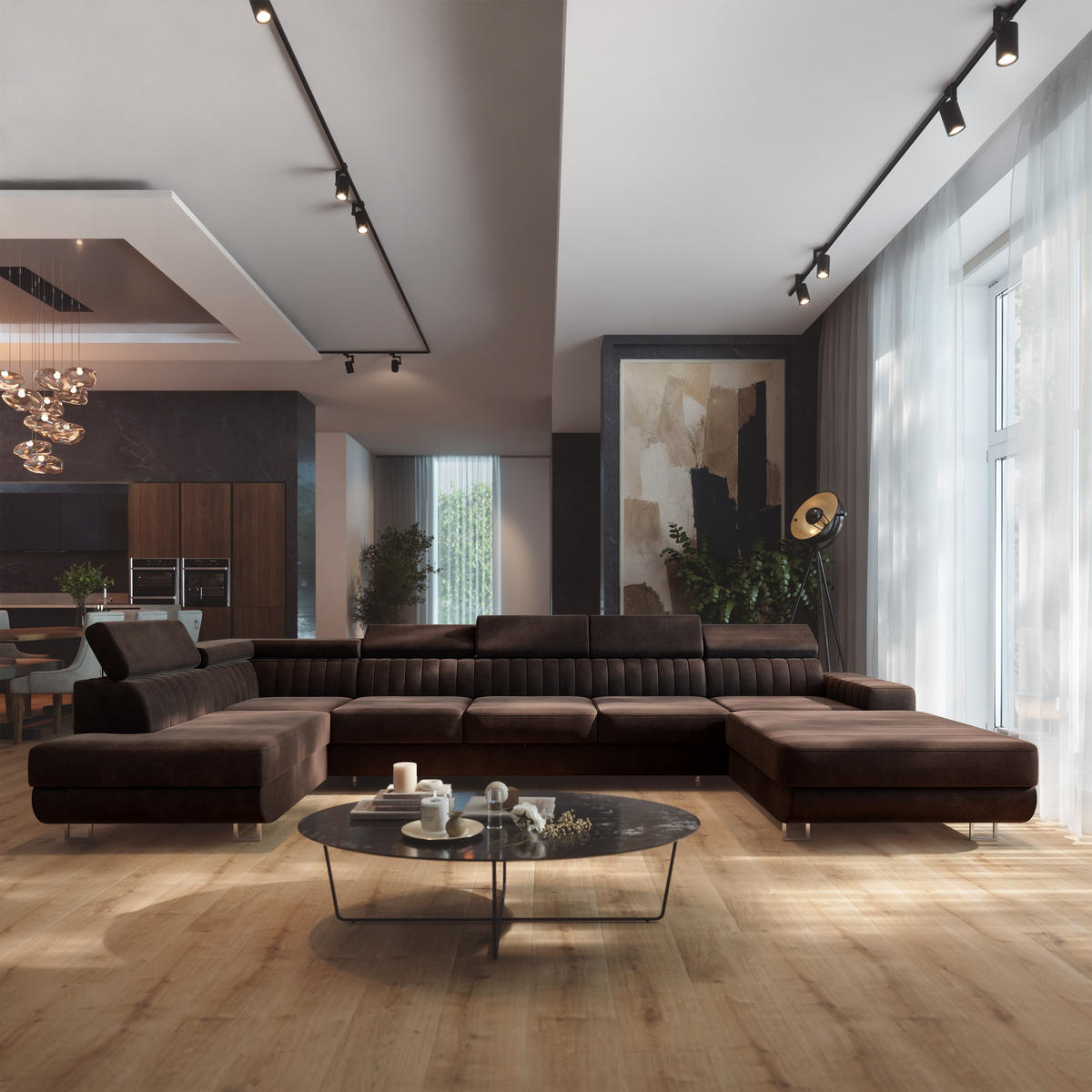 WOHNLANDSCHAFT GAIAN Braun Velours-Stoff mit Schlaffunktion - Braun, Holz (412/88/190cm) - MASSENO