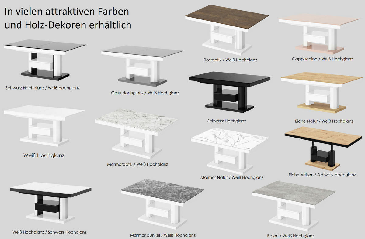 COUCHTISCH rechteckig höhenverstellbar ausziehbar Schublade 120/75/56 cm - Weiß Hochglanz/Hellgrau, Holzwerkstoff (75/120/56cm) - designimpex