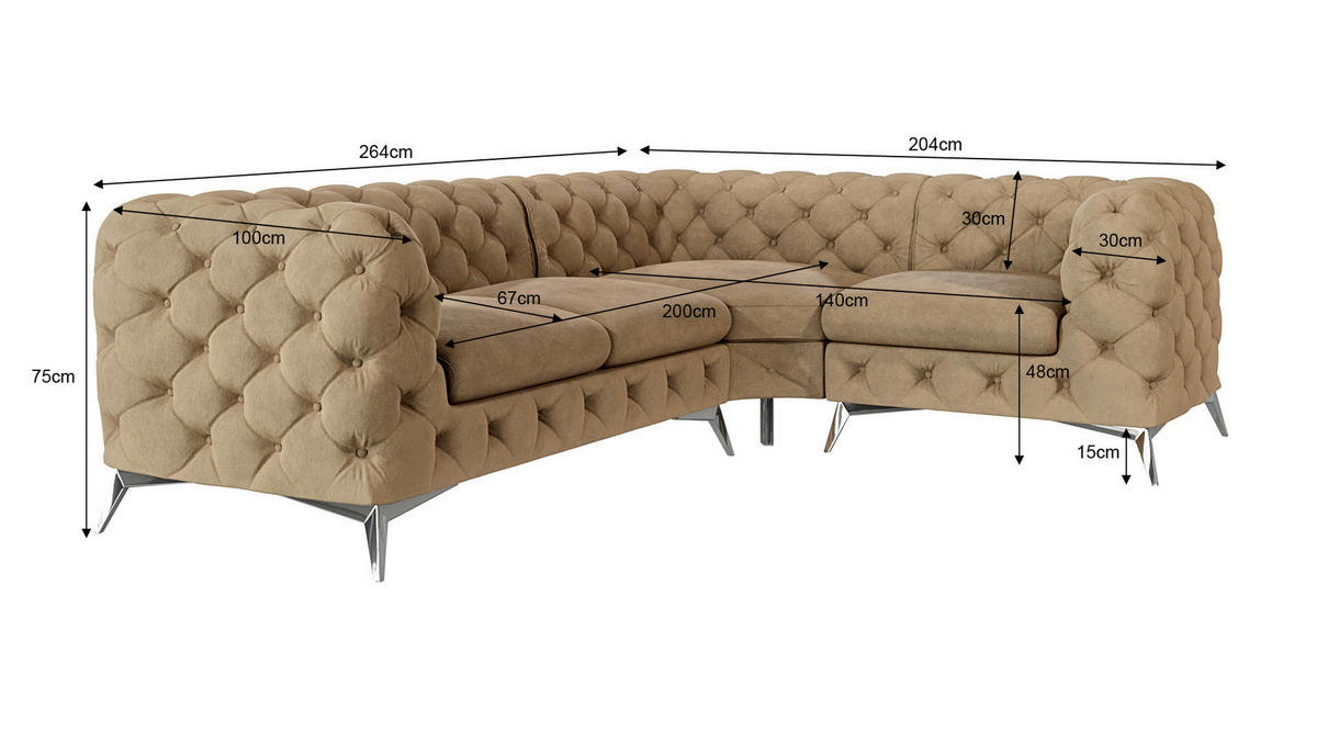 ECKSOFA Chesterfield Laura Beige Samt, Ottomane rechts - Beige/Silberfarben, Holz/Textil (264/204cm) - S-Style Möbel