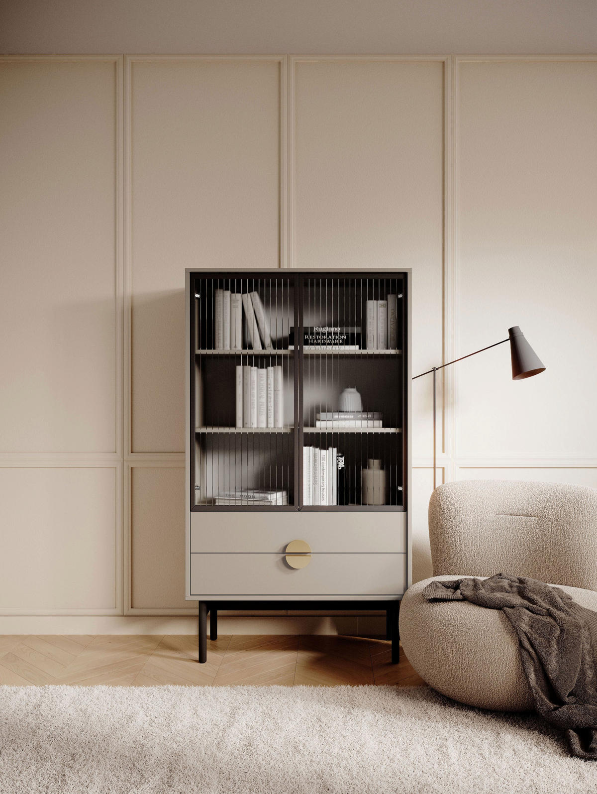 VITRINE Stoon II Taupe 85 cm - černá/zlatá, kov/kompozitní dřevo (85/150/41cm) - Selsey