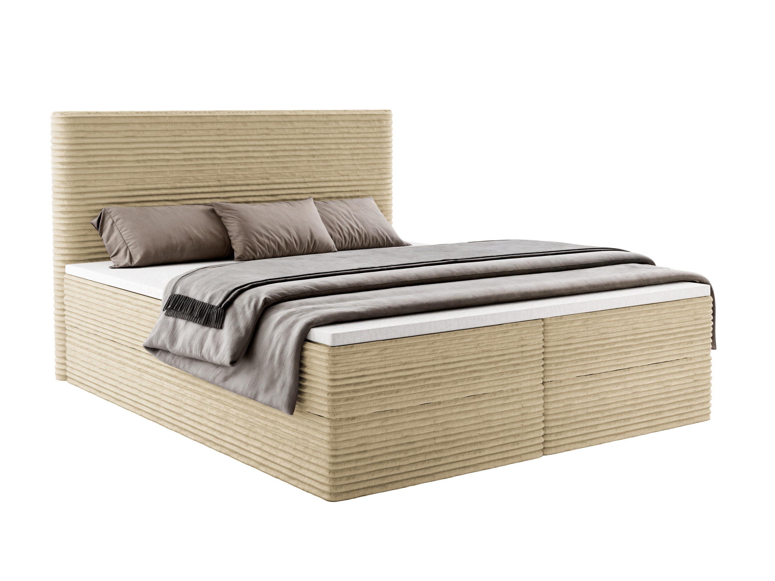 BOXBETT RAVENO mit Bettkasten 200x200 cm inkl. Bonell-Federkernmatratze H3 und Topper – Polsterbett Stoff ASTI Taupe - Taupe, Textil (200/200cm) - Luxkor24