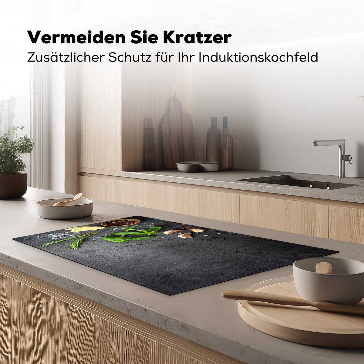 HERDABDECKPLATTE Limette - Kräuter - Gewürze - Grün - Grau - Beton Ceranfeldabdeckung 85x52 cm - Grün, Kunststoff (85/52/0.2cm) - MuchoWow